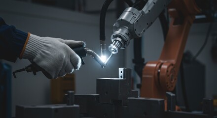 Robotic arm welding steel in advanced manufacturing facility creating sparks