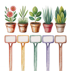 Urban gardening with potted plants and plant labels in colorful containers displayed outdoors in a vibrant setting during daylight