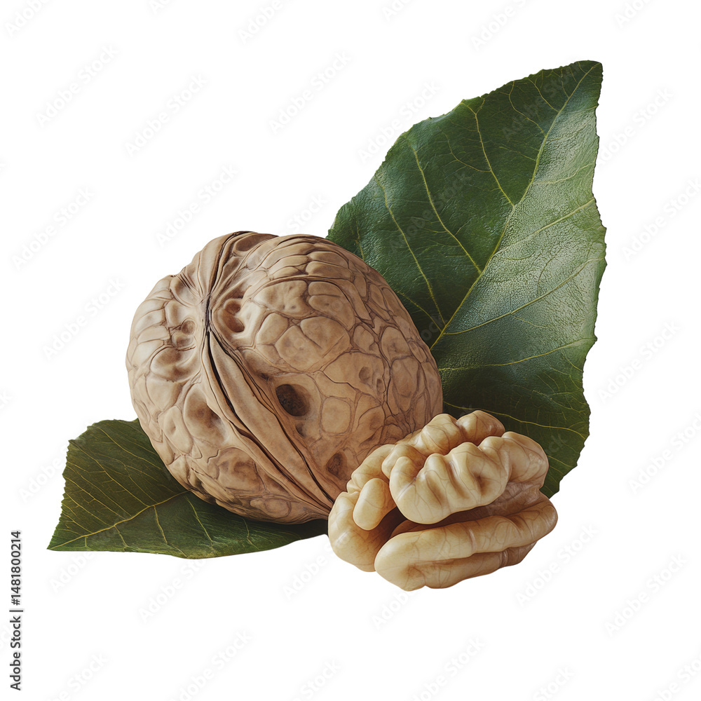 Aufkleber delicate walnut composition displaying the nut with green leaf and kernel