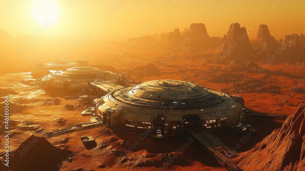 Poster martian landscape with futuristic spacecraft structures.