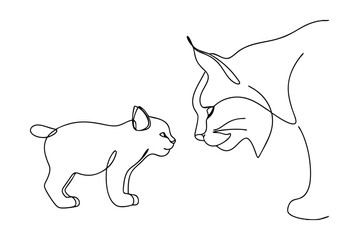 Minimalist one line drawing of a cat mother and kitten facing each other
