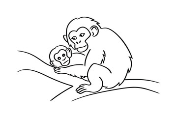 Black and white illustration depicting a mother monkey embracing her baby on a branch
