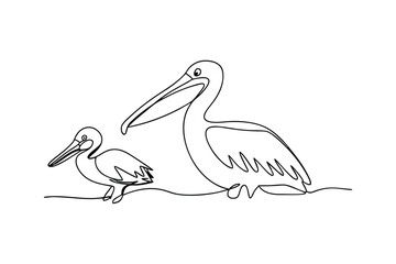 Elegant continuous line drawing depicting two pelicans in simplified outline on white background
