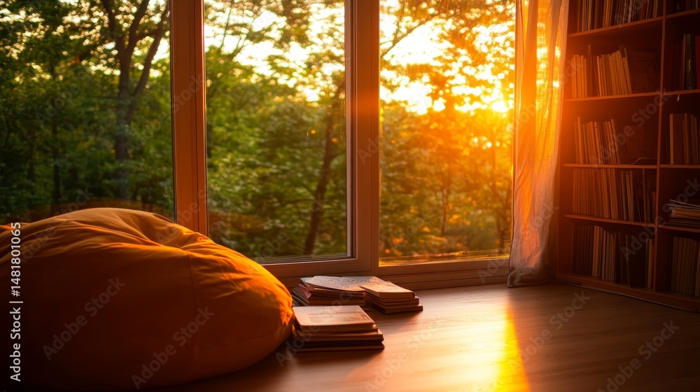 Poster a cozy reading nook features a plush beanbag chair and a stack of books, bathed in warm sunlight pou