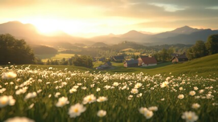 Obraz premium Misty Meadow with Daisies at Sunrise