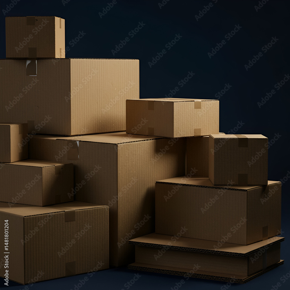 Poster cardboard boxes stacked in a studio setting. the boxes are various sizes and are arranged in a tiere