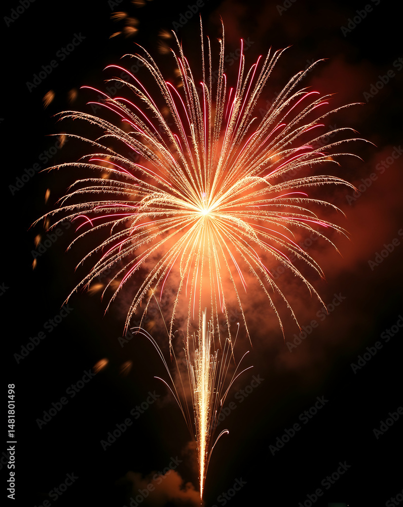 Poster spectacular fireworks display illuminating the night sky with vibrant colors and intricate patterns 