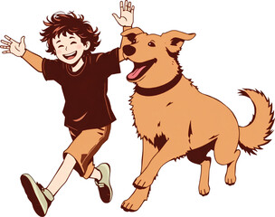 Happy young boy running and laughing with his dog &ndash; playful cartoon vector of joyful child and pet outdoors