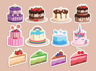 Cake birthday stickers elements clipart set. Cupcake sticker colorful drawing clip art collection in whole and slices yummy delicious party dessert vector illustration.      
