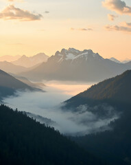 Fototapeta premium Spectacular mountain landscape at sunrise with a layer of fog filling the valley, the soft, warm light creates a serene and peaceful atmosphere in nature's grandeur