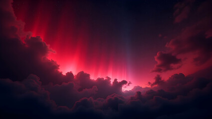 Fototapeta premium Spectacular Red Aurora Borealis Shimmers Above Dreamy Clouds, Painting the Celestial Nightscape with Ethereal Light and Inspiring Awe and Wonder