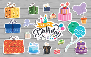Birthday stickers elements clipart set. Sticker outline colorful clip art collection like happy birthday text, gift box, balloons and cake party decoration elements vector illustration. 
