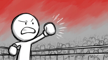 Angry stick figure with fists boxing in a cartoon ring hand-drawn style