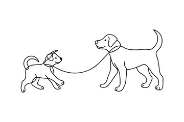 Minimalist one line drawing of two dogs on leash walking towards rightside for design