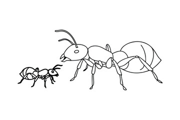 Vector illustration of a large ant and a small ant facing each other in a simple design