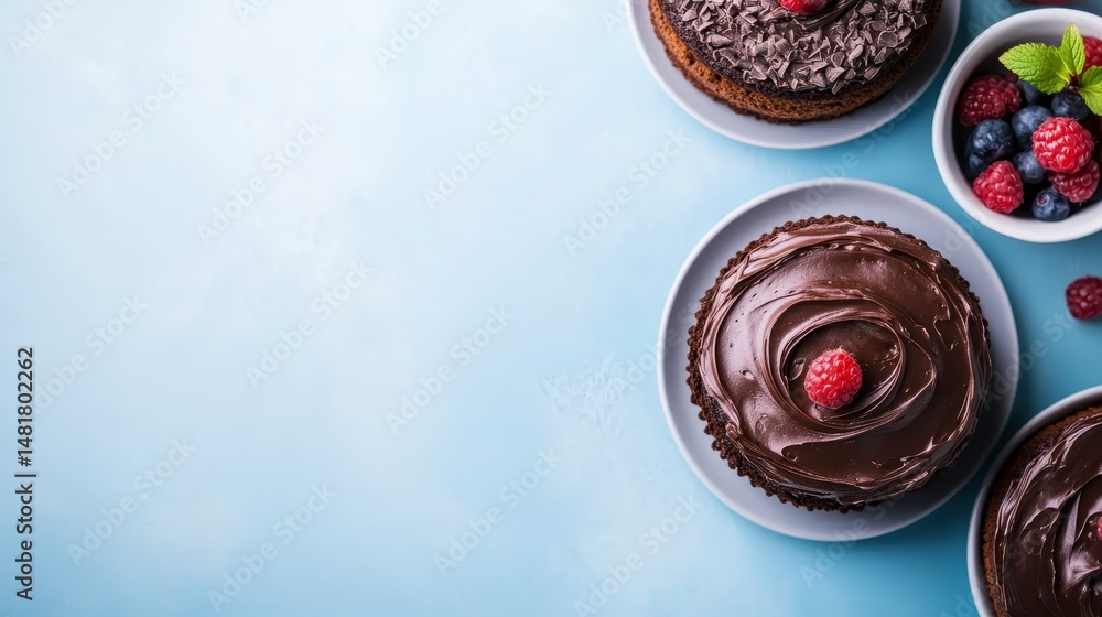 Poster a tempting chocolate cake showcases luscious layers of frosting and garnished with fresh berries aga