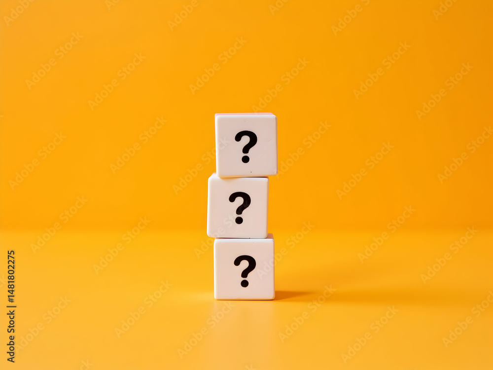 Poster stacked queries, a tower of uncertainty displaying three white cubes with question marks against a v