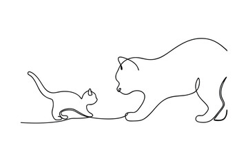 Continuous line drawing of a cat and kitten in a minimalist monochrome style