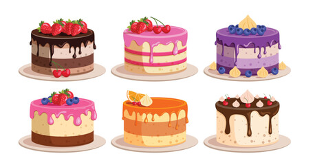 Birthday cake elements clipart set. Cake delicious dessert clip art in chocolate, strawberry and blueberry sweet pastry collection for birthday party celebration vector illustration. 
