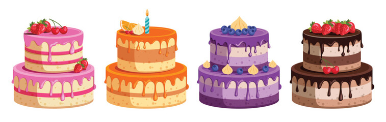Birthday cake clipart set. Birthday cake in two layers elements clip art in strawberry, lemon, blueberry and chocolate flavors delicious dessert collection vector illustration. 

