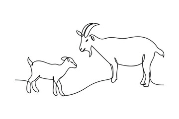 Elegant single line drawing of a goat and kid in minimalistic black outline