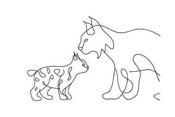 Minimalist line drawing of a mother lynx gazing at her cub in a loving pose