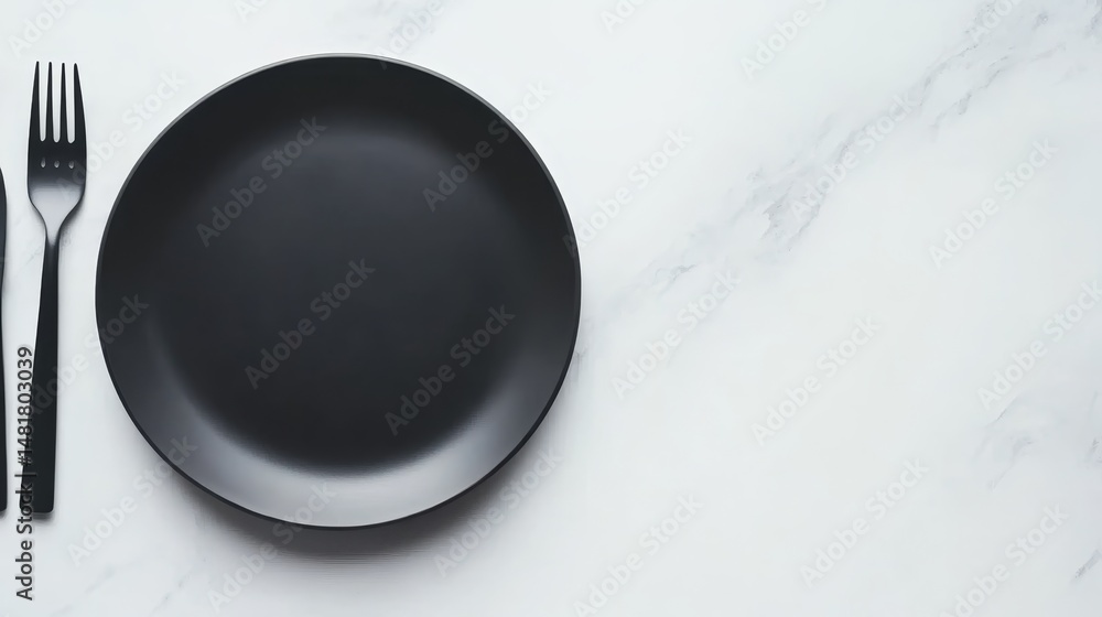 Aufkleber overhead view of an empty black ceramic plate placed on a white marble table, accompanied by a fork 