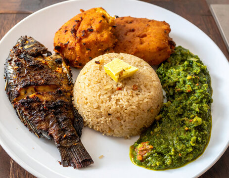 A plate of Kenyan ugali served with sukuma wiki and grilled tilapia fish.