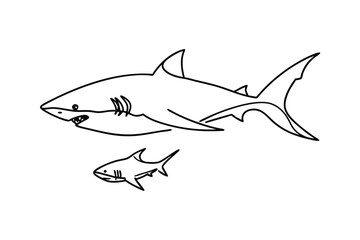 Line art illustration of two sharks swimming together in a simple monochrome style