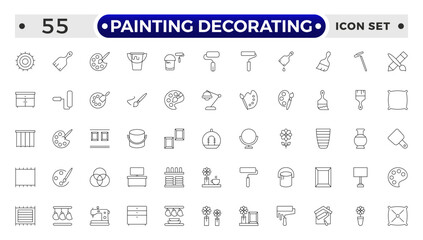 Painting Decorating outline icons. Set of Paint and decorating icon and painting tools. Color palette, Roller, Creative art brush, bucket.