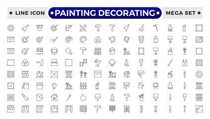 Painting Decorating outline icons. Set of Paint and decorating icon and painting tools. Color palette, Roller, Creative art brush, bucket.