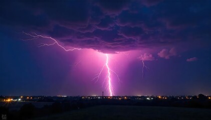 Dramatic bolts of lightning striking a dark stormy sky at night , intense, ominous, dramatic