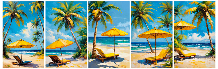 Sunny Beach Relaxation: Yellow Umbrella, Lounge Chair, and Palm Trees by the Turquoise Sea.This image portrays a relaxing beach scene with a vibrant yellow beach umbrella providing shade over a wooden
