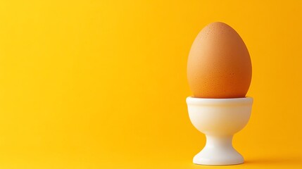 A single, white egg sits in a white egg cup against a yellow background.