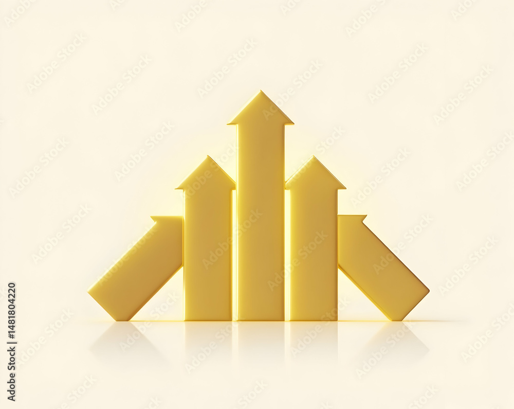 Poster stylized composition of golden bars with arrows symbolizing upward trends and success in business an