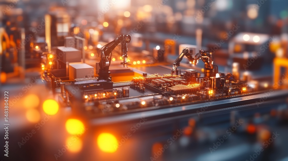Poster Robotic arms work diligently on a high-tech factory floor, assembling electronic components as conveyor belts transport materials amidst glowing LED lights