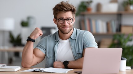 young man with blonde hair and glasses confidently flexes his arm while seated at a desk with a laptop. modern office features plants, bookshelves, and study materials around him