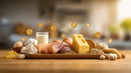 Colorful protein-rich foods with nutrient symbols, showcasing a balanced diet concept