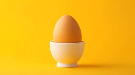 A single, white egg sits in a white egg cup against a yellow background.