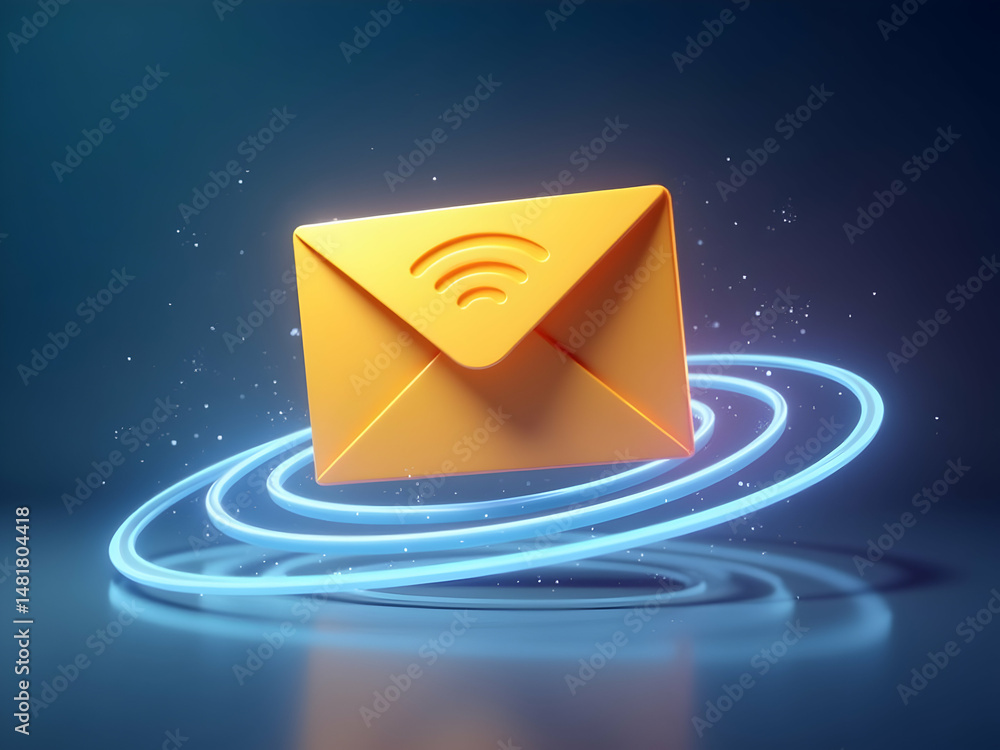 Poster stylized isolated network mail icon resembling an envelope with glowing wireless symbol, surrounded 