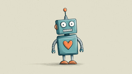 Futuristic cartoon ai robot kid holding heart symbol on light background