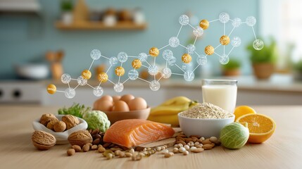 Colorful protein-rich foods with nutrient symbols, showcasing a balanced diet concept