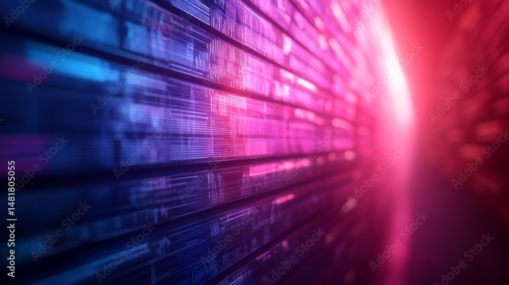 Poster a high-tech barrier glows with neon blue and crimson, protecting against simulated cyber threats ami