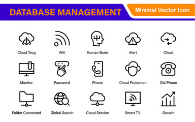 Database Network and Server Management Icon Set – Minimal Line Vector Illustrations for IT, Networking, Cloud, Servers, Security, and Digital Solutions