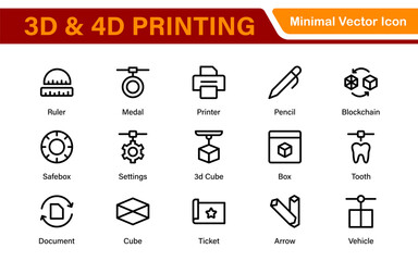 3D and 4D Printing Icons – Outline, Vector, and Line Art Illustrations for Printing Tech, Prototyping, Design, Engineering, and Innovation Projects