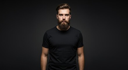 Obraz premium Photo Portrait of Bearded Man in Black against Dark Background