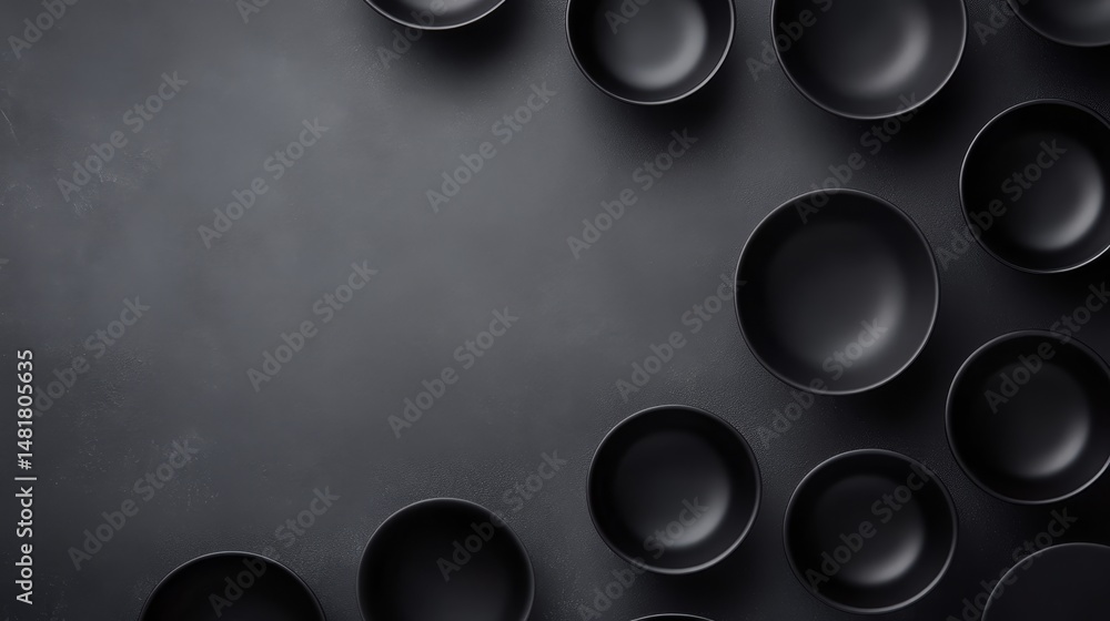 Poster matte black ceramic bowls and cups are carefully arranged in a minimalist layout on a slate gray sur