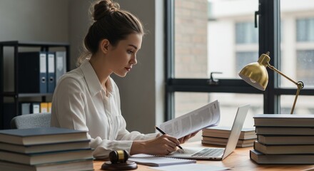 Focused legal professional reviewing documents in modern office environment