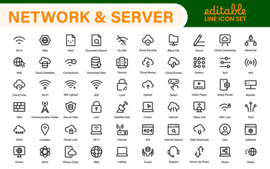 Database Network and Server Management Icon Set &ndash; Minimal Line Vector Illustrations for IT, Networking, Cloud, Servers, Security, and Digital Solutions