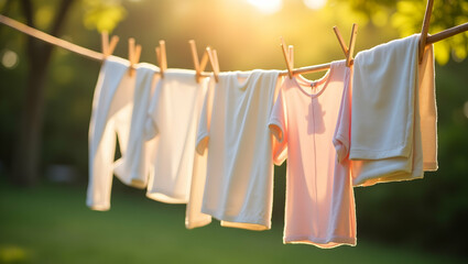 Sun-Kissed Simplicity, Freshly Laundered Clothes Drying in the Gentle Breeze, Evoking a Sense of Cleanliness, Home, and the Simple Joys of Domestic Life